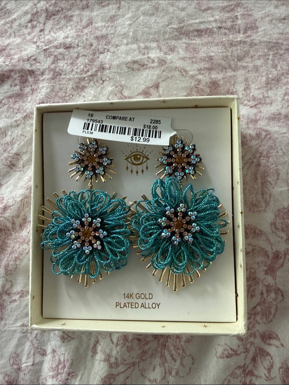 eye candy Teal Floral Bead Drop Earrings with Gold Accents